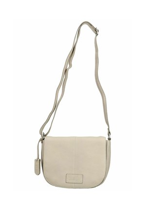 Beżowa skórzana torba na ramię z regulowanym paskiem i zapięciem na klapkę, z małą prostokątną naszywką z logo marki na przodzie.