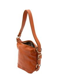 Borsa a spalla in pelle marrone con superficie texturizzata, tracolla regolabile e apertura con zip. L'interno presenta un motivo a quadri.