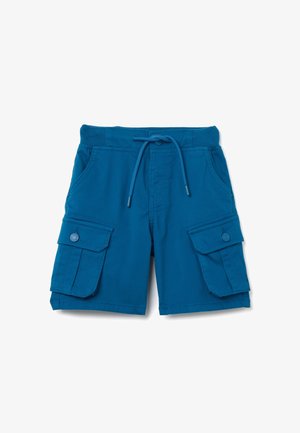 Blaue Cargo-Shorts aus leichtem Material mit zwei Seitentaschen, zwei aufgesetzten Taschen mit Klappe und einem Kordelzugbund.