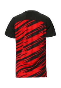 Rød og sort kortærmet T-shirt med et dynamisk stribet mønster, lavet af letvægtsstof med en glat tekstur.