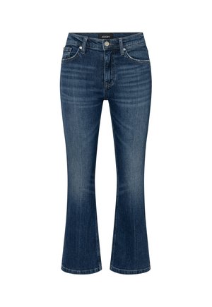 Blue denim bootcut jeans with front pockets and button closure, featuring subtle fading and whisker details on the upper thighs.