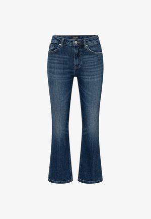 Blaue Denim-Bootcut-Jeans mit Fronttaschen und Knopfverschluss, mit subtilen Verwaschungen und Whisker-Details an den oberen Oberschenkeln.