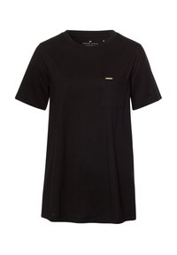 Czarna bawełniana koszulka z krótkim rękawem, okrągłym dekoltem i małą kieszonką na piersi. Posiada dyskretną logo marki na kieszeni.