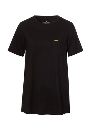 Czarna bawełniana koszulka z krótkim rękawem, okrągłym dekoltem i małą kieszonką na piersi. Posiada dyskretną logo marki na kieszeni.