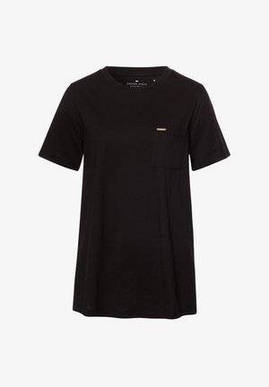 Czarna bawełniana koszulka z krótkim rękawem, okrągłym dekoltem i małą kieszonką na piersi. Posiada dyskretną logo marki na kieszeni.
