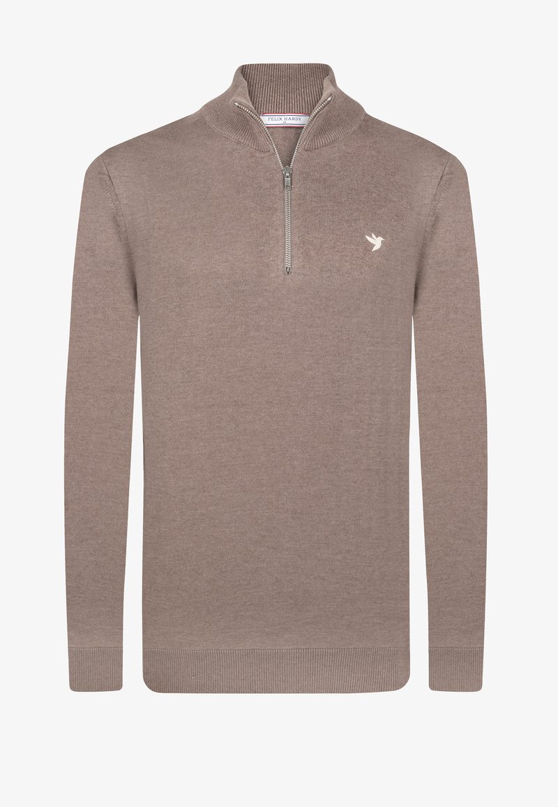 Beżowy sweter dzianinowy z kołnierzem na ćwierć zamka, ściągaczami przy rękawach i u dołu, z małym logo na lewej piersi i gładką fakturą.