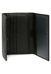 Zwarte leren portefeuille met een textuurafwerking, voorzien van meerdere kaartsleuven en een gladde binnenkant. Vouwontwerp, geen zichtbare hardware.