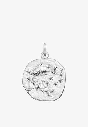 Silver pendant featuring two fish designs surrounded by star patterns, textured surface with an oval shape and a loop for attachment.
