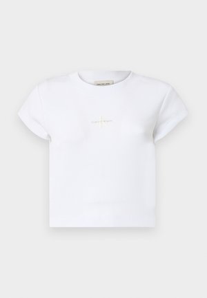 Valkoinen puuvillainen lyhythihainen t-paita, jossa on hienovarainen kultainen "Calvin Klein" -logo edessä ja pyöreä pääntie.