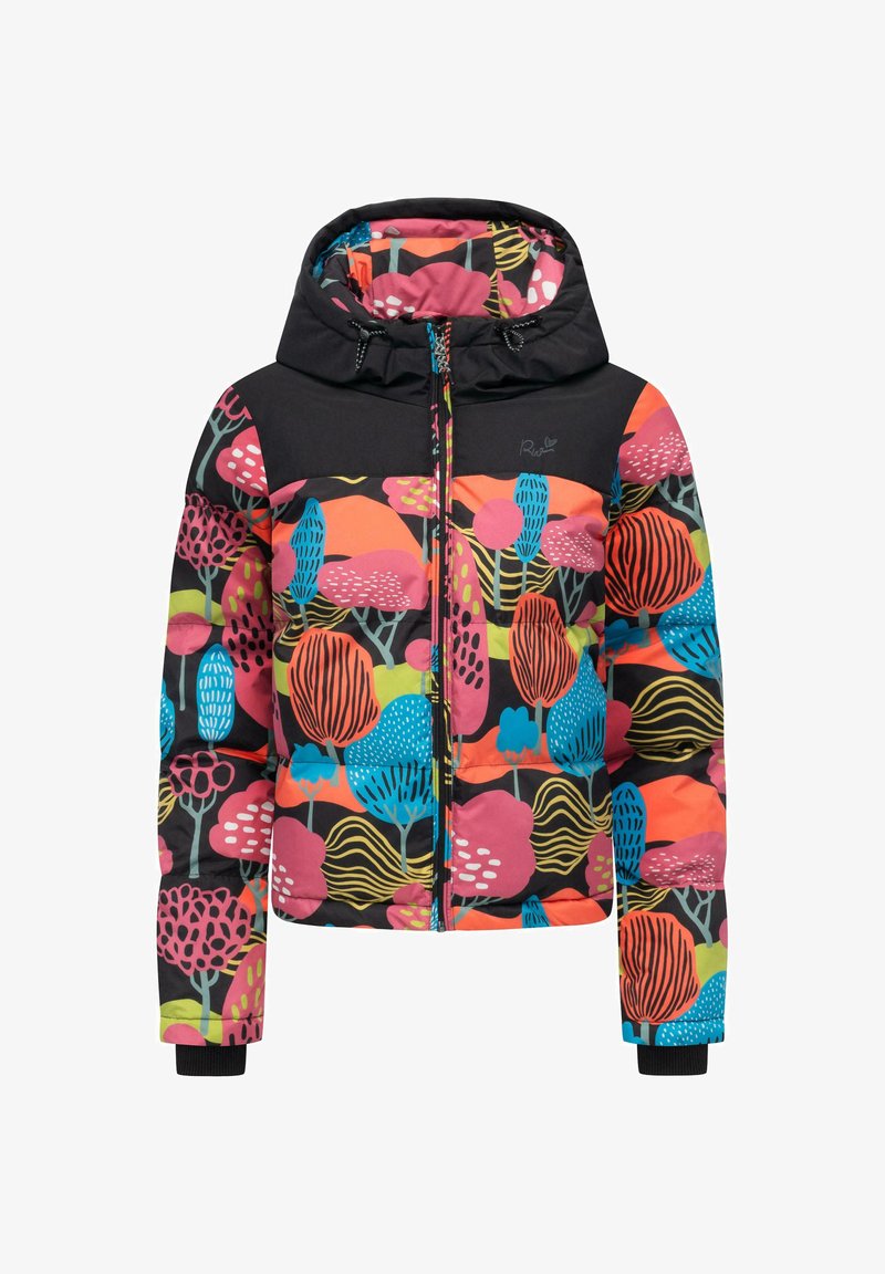 Farverig puffjakke med blomstermønster i pink, orange, blå og grønne nuancer. S svart hætte og lynlås foran, struktureret stof.