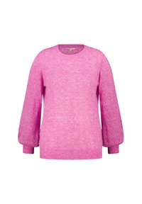 Roze gebreide trui met een ronde halslijn, gestructureerd lichaam en opgezette mouwen met een hartpatroon. Ribgebreide mouwen en onderrand.