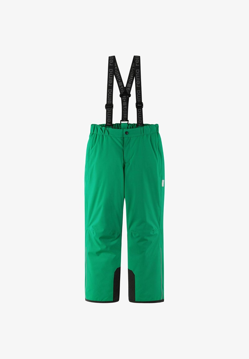 Green outdoor pants with black adjustable suspenders, elastic waistband, side pockets, reinforced knees, and black accents at the bottom.