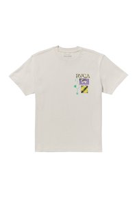 Lichtbeige katoenen t-shirt met een multikleurige grafiek met tekst en geometrische vormen op de voorkant. Korte mouwen en een ronde hals.