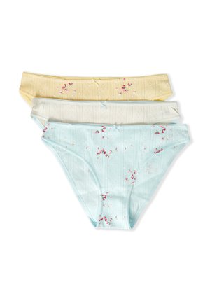 Tres braguitas de algodón para mujer con estampado floral en amarillo pastel, crema y azul claro, apiladas sobre un fondo blanco.