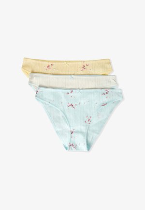 Three women's floral patterned cotton briefs in pastel yellow, cream, and light blue, arranged stacked on a white background.