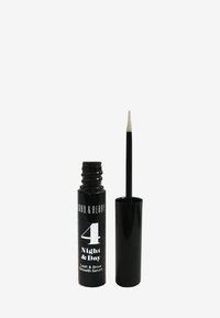 Bouteille en verre noir avec un bouchon noir, comportant un texte blanc. Comprend un applicateur à pointe fine pour le sérum de croissance des cils et des sourcils.