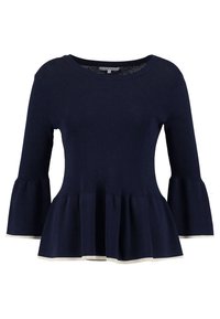 Granatowy dzianinowy top z rękawami do łokcia w stylu dzwonka, prążkowaną fakturą i rozkloszowanym dołem peplum z kontrastową białą lamówką.