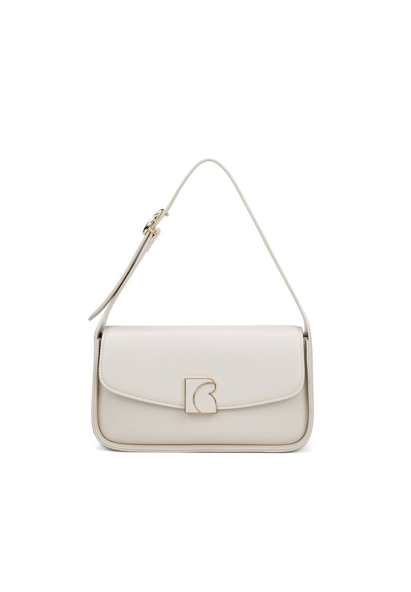 Borsa a tracolla bianca in pelle con un design strutturato, pattina pieghevole, hardware dorato e un dettaglio decorativo del logo sulla parte anteriore.