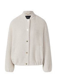 Lichtbeige jacket van gestructureerde stof, met een ronde kraag, knoopsluiting en twee zijzakken. Accenten in goudkleurig metaal.