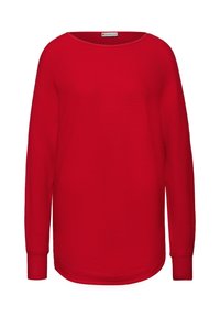 Rode lange mouwen pullover van ribstof. Heeft een brede halslijn, een relaxte pasvorm en een gebogen zoom. Zachte textuur met twee mouwen met manchetten.