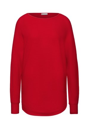 Rød langærmet pullover lavet af ribbet stof. Har en bred udskæring, afslappet pasform og buet kant. Blød tekstur med to mansjetterede ærmer.
