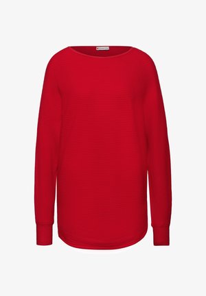 Červený svetr s dlouhým rukávem vyrobený z žebrované tkaniny. Má široký výstřih, uvolněný střih a zakřivený lem. Jemná textura se dvěma manžetovými rukávy.