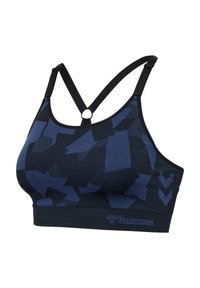 Brassière de sport bleu foncé et noire à motif avec bretelles noires réglables, détail anneau au dos nageur et logo "hummel" sur la bande.