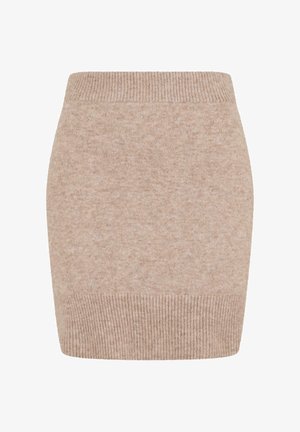 Beige Strick-Minikleid mit geripptem Bund. Weiche Textur, figurbetontes Design, Knielänge und dezente Melangierungen überall.