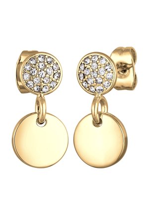 Boucles d'oreilles clous en or avec petits cristaux clairs sur le dessus et disques ronds lisses en or suspendus en dessous.