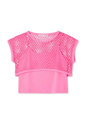 Top corto smanicato di un rosa acceso con sovrapposizione circolare in rete e scollo rotondo, realizzato in tessuto leggero.