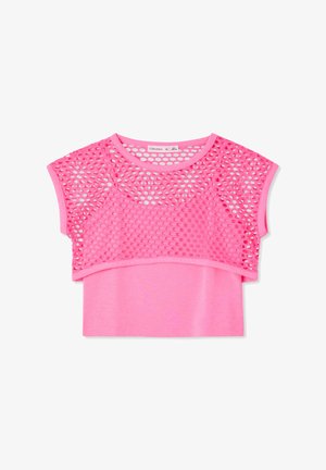 Top corto smanicato di un rosa acceso con sovrapposizione circolare in rete e scollo rotondo, realizzato in tessuto leggero.