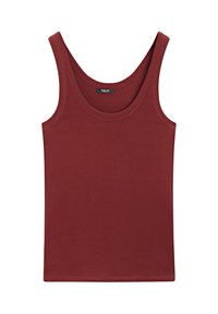 T-shirt sans manches bourgogne en coton doux, avec un col en rond et une coupe régulière, présentant des détails de couture minimes.