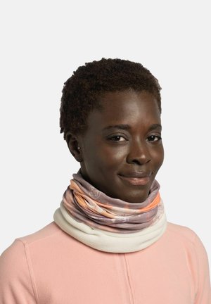 Gaiter para el cuello multicolor, hecho de una tela suave, que presenta un diseño degradado en melocotón claro, púrpura y blanco. Textura suave y forma redondeada.
