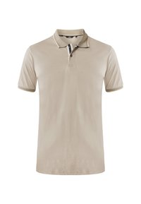 Beige kortærmet polo skjorte med to-knaps placket og kontrastkant ved krave og ærmespidser, præsenteret på hvid baggrund.