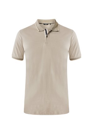 Beige Kurzarm-Polohemd mit zwei Knöpfen und kontrastierenden Verzierungen am Kragen und den Ärmelrändern, auf weißem Hintergrund präsentiert.