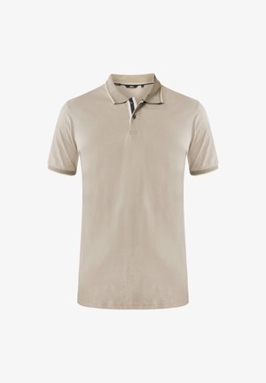 Beige short-sleeve polo shirt with two-button placket and contrasting trim on collar and sleeve edges, displayed on white background.