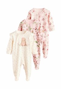 Set med tre pyjamasar för barn: en enfärgad krämfärgad med prickar, en rosa med blommönster och en randig rosa. Tillverkade av mjukt bomullsmaterial, med lång ärm.