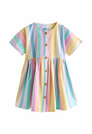 Short-sleeve dress with a button front, featuring vertical stripes in pastel colors: pink, blue, yellow, and green, with a gathered skirt.