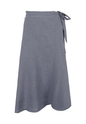 Gonna avvolgente in lino grigio con chiusura a cravatta in vita, design fluido e orlo che si allarga delicatamente. Trama morbida e aspetto minimalista.
