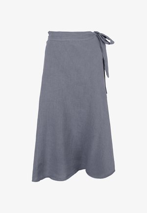 Szara lniana spódnica o kroju wrap, z wiązaniem w talii, zwiewnym fasonie oraz lekko rozszerzającym się dołem. Miękka tekstura i minimalistyczny wygląd.