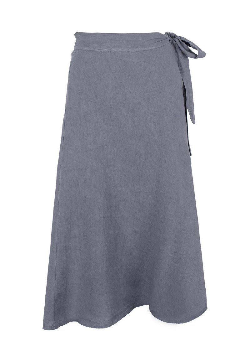 Grijze linnen wikkelrok met een striksluiting in de taille, vloeiende ontwerp en een zoom die zachtjes uitloopt. Zachte textuur en een minimalistische uitstraling.