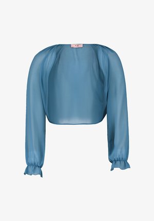 Hellblaue, durchsichtige, verkürzte Jacke mit langen Ärmeln, gerafften Ärmelbündchen und rundem Ausschnitt. Aus leichtem Stoff gefertigt.