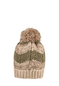 Beige and olive green knitted winter hat with zigzag pattern and large pom-pom on top against a white background.