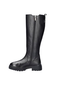 Zwarte leren laars tot de knie met een textuurafwerking, zijrits en gripzool. Voorzien van een aantrekstrip aan de achterkant voor gemakkelijk aan- en uittrekken.