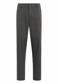 Gray tailored pants with a straight fit, featuring a smooth texture, front pockets, and a button closure at the waistband.