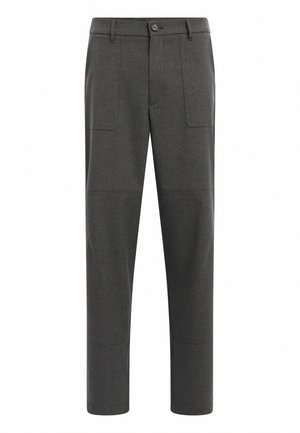 Graue maßgeschneiderte Hose mit geradem Schnitt, ausgestattet mit einer glatten Textur, Eingrifftaschen und einem Knopfverschluss am Bund.