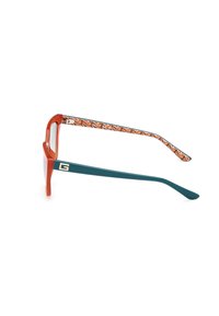 Occhiali rettangolari arancioni con una finitura lucida, caratterizzati da un design a motivo marrone e blu sulle aste e un accento di logo dorato.