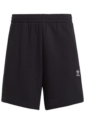 Svarte sportshorts laget av myk stoff, med elastisk midjebånd og en liten hvit Adidas-logo nederst til venstre.