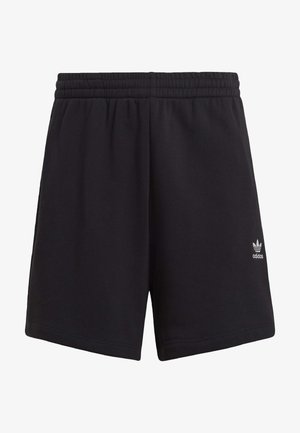 Juodi sportiniai šortai, pagaminti iš minkštos medžiagos, su elastingu juosmeniu ir mažu baltu Adidas logotipu apatinėje kairėje pusėje.