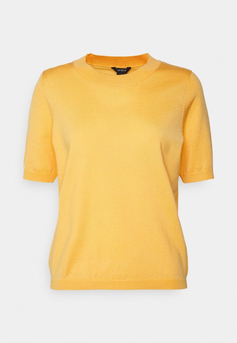 Gelbes kurzärmliges Sweatshirt mit Rundhalsausschnitt. Hergestellt aus einem glatten, leichten Stoff mit einer subtilen Textur. Leicht taillierte Passform.